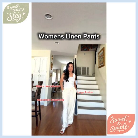 High Waisted Wide Leg Linen Pants Drawstring Palazzo Trousers Casual - Picture 7 of 7